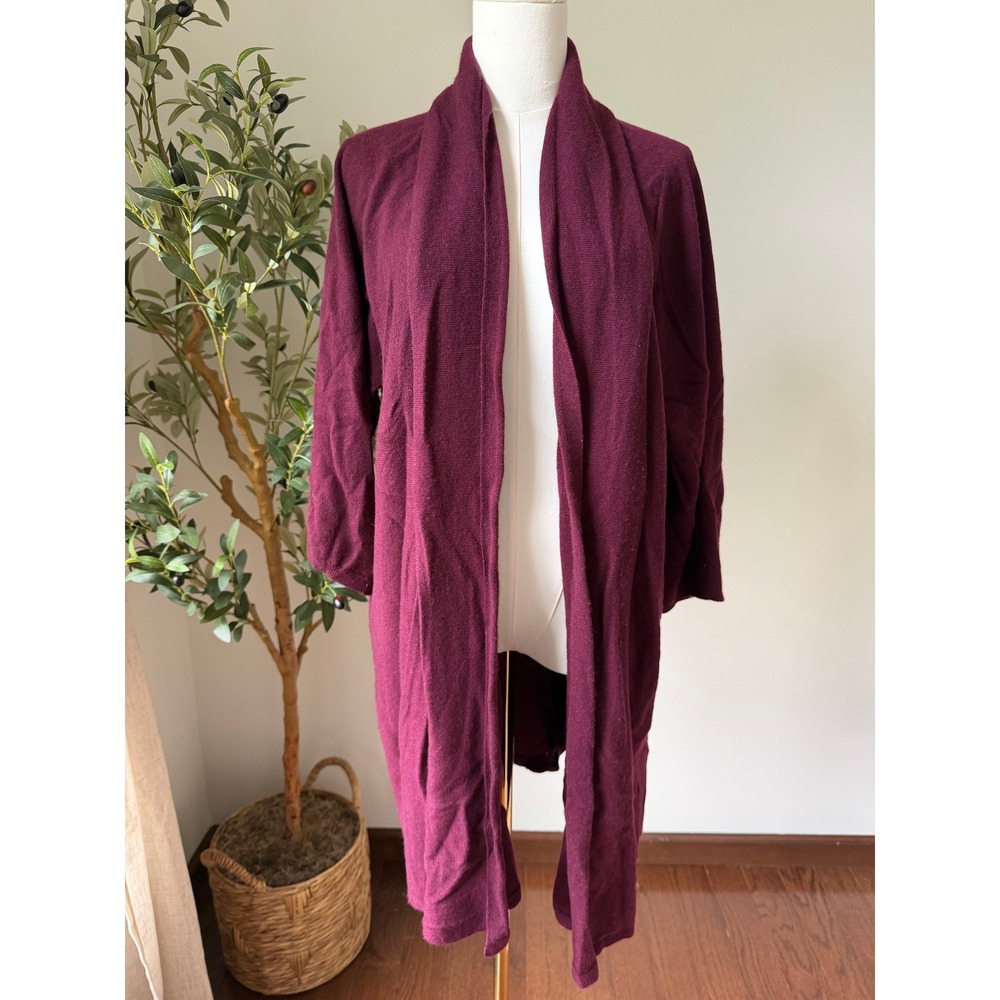 Eileen Fisher 100% Cashmere Duster Cardigan Burgundy Long Open Front L/XL